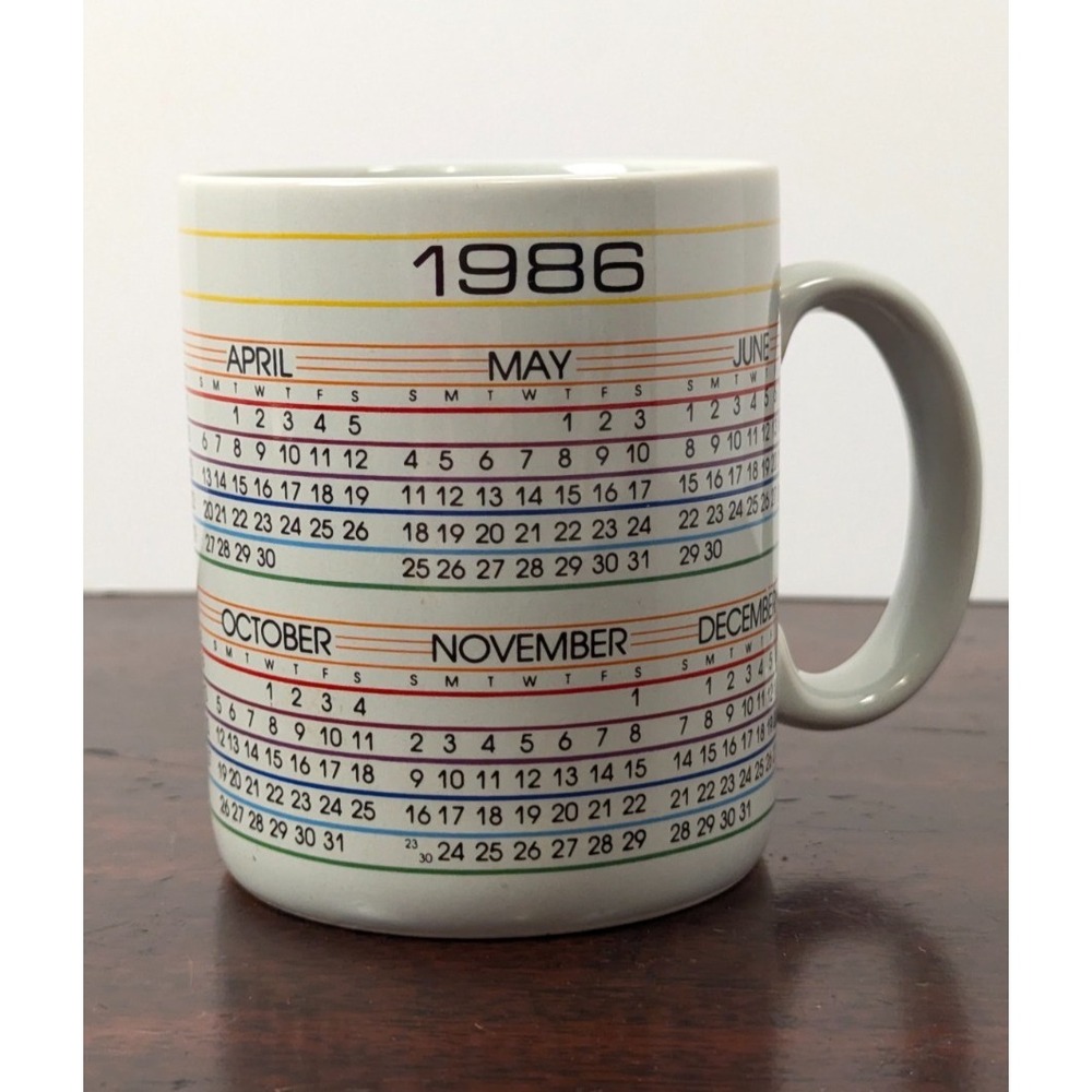 Vintage 1986 Papel Calendar Coffee Mug Hand Decorated USA 80s Office Desk Cup